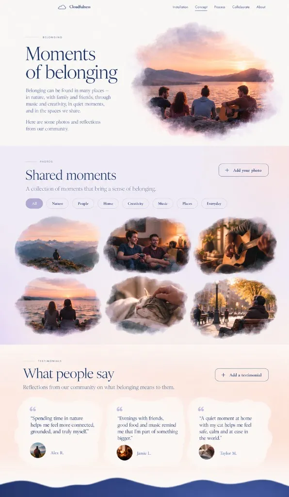 Mockup of the community sharing website, showing sections for 'Moments of belonging', 'Shared moments' with category filter tags, community photos, and community testimonials under 'What people say'.