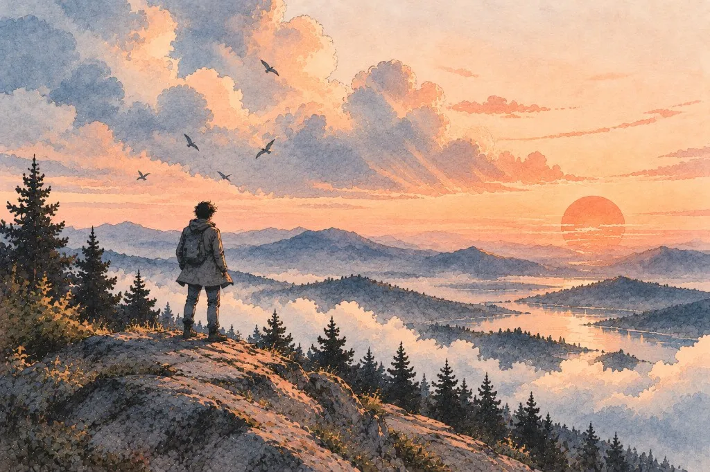 A walker on a mountain top above the clouds at sunrise