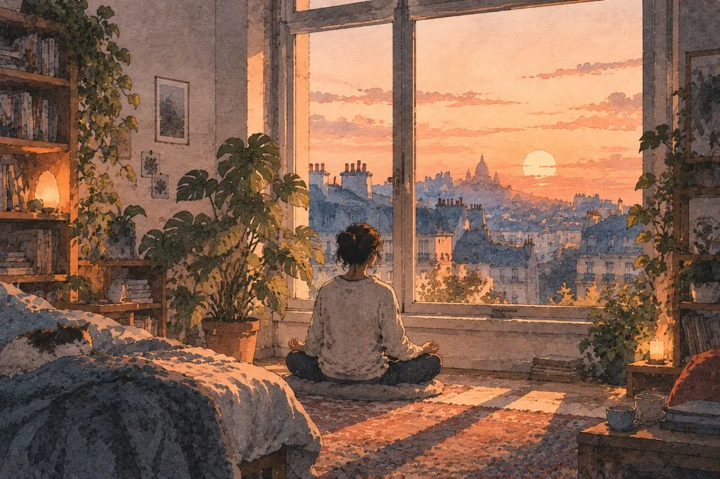A person meditating by a window at sunset over rooftops