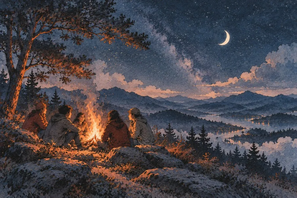 Friends gathered around a campfire under a crescent moon