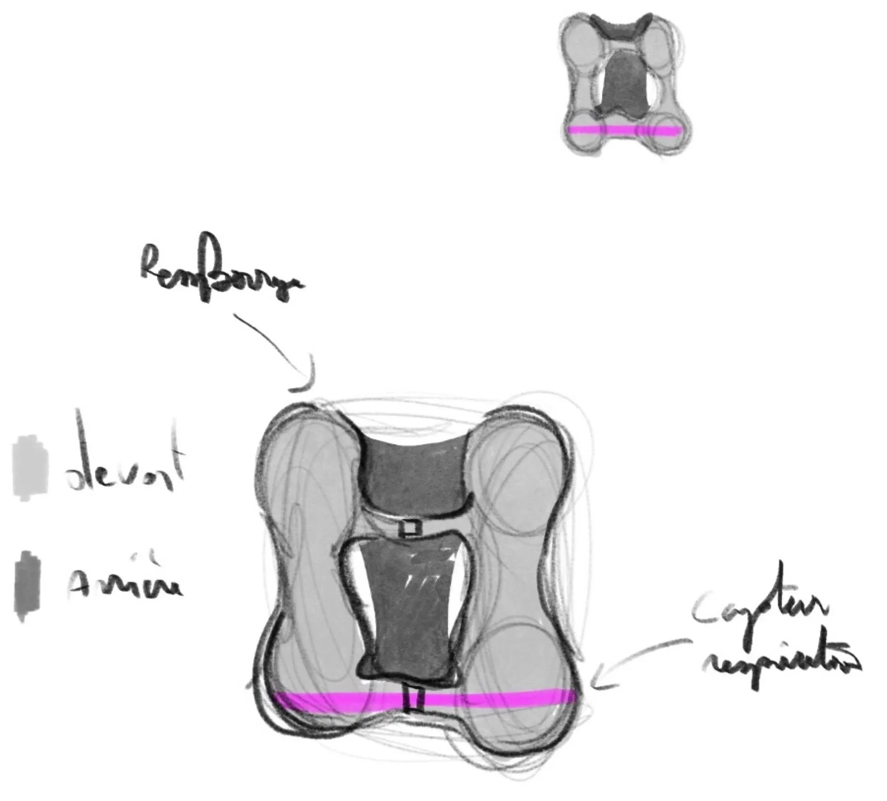 A pencil sketch of a vest seen from the front and back, with a breathing sensor band drawn in magenta around the waist.
