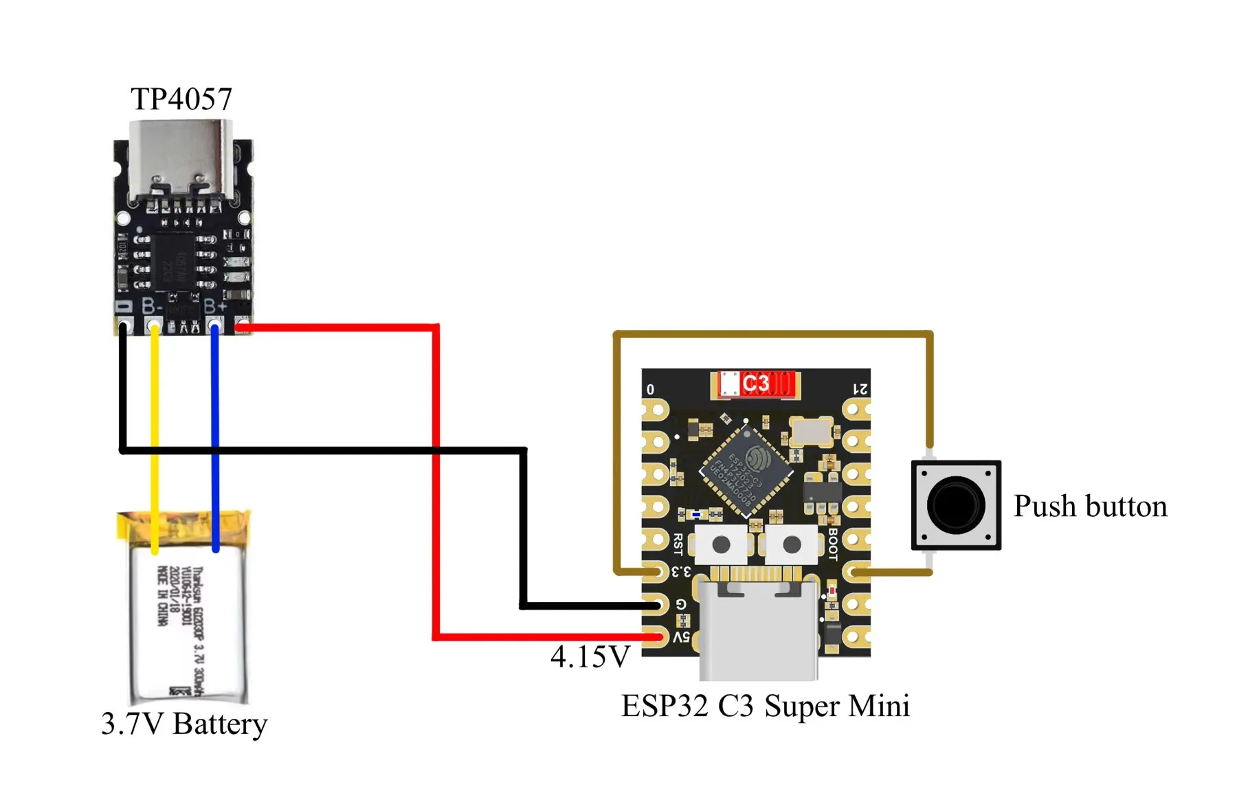 Wiring diagram: a TP4057 charging module, a 3.7 V battery, a push button and an ESP32-C3 Super Mini