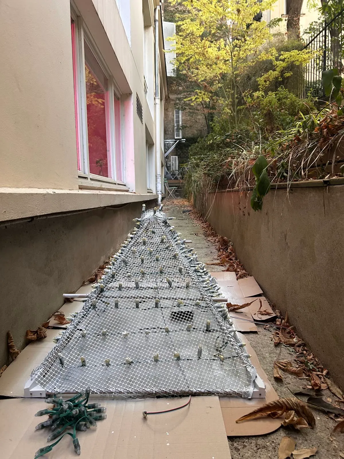 The painted pyramid drying on cardboard in a narrow courtyard.