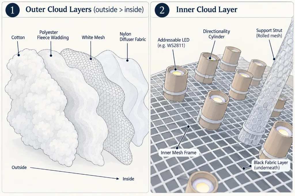 Diagram of the cloud's layers. Left: the outer layers, from outside to inside, are cotton, polyester fleece wadding, white hexagonal mesh and nylon diffuser fabric. Right: the inner layer, with addressable LEDs set in card directionality cylinders on an inner mesh frame, a rolled-mesh support strut, and a black fabric layer underneath.