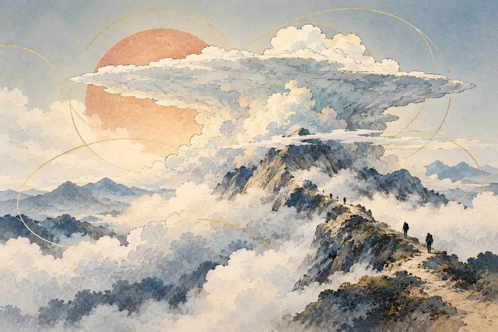 A mountain path rising through clouds towards a vast anvil-shaped cloud, with fine golden circles crossing the sky.