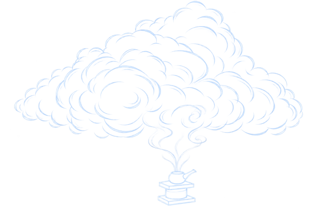 Line drawing of the cloud installation above a teapot on a small pedestal.