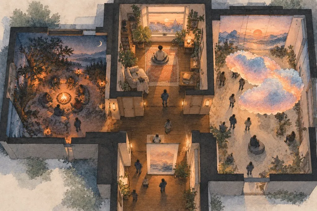 Top-down watercolour view of a mock exhibition building: a campfire room on the left, a meditation room at the top, and a room with a glowing cloud installation on the right, joined by a central hall.