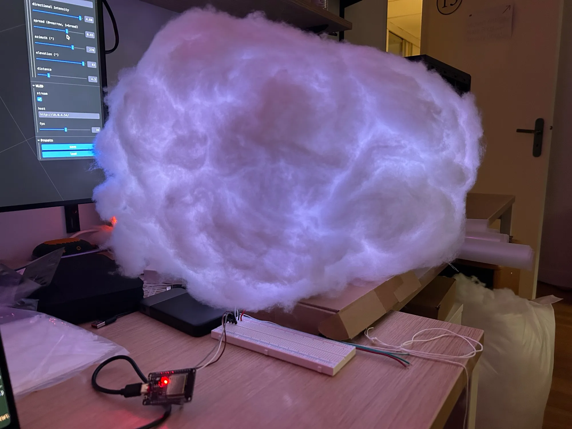 The prototype glowing from mapped LEDs inside it.