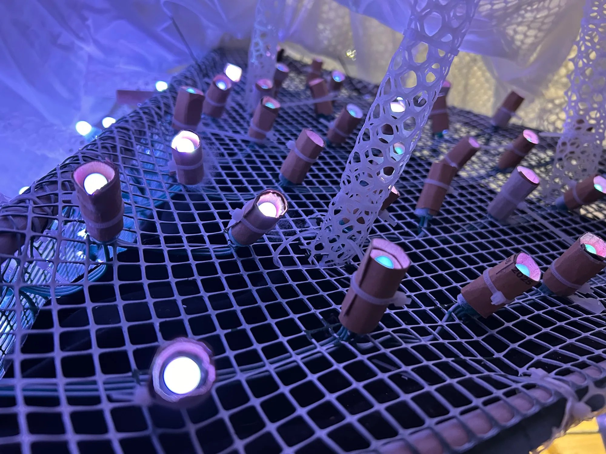Inside the pyramid: LEDs in card tubes on a square mesh, with rolled-mesh struts rising between them, lit blue.
