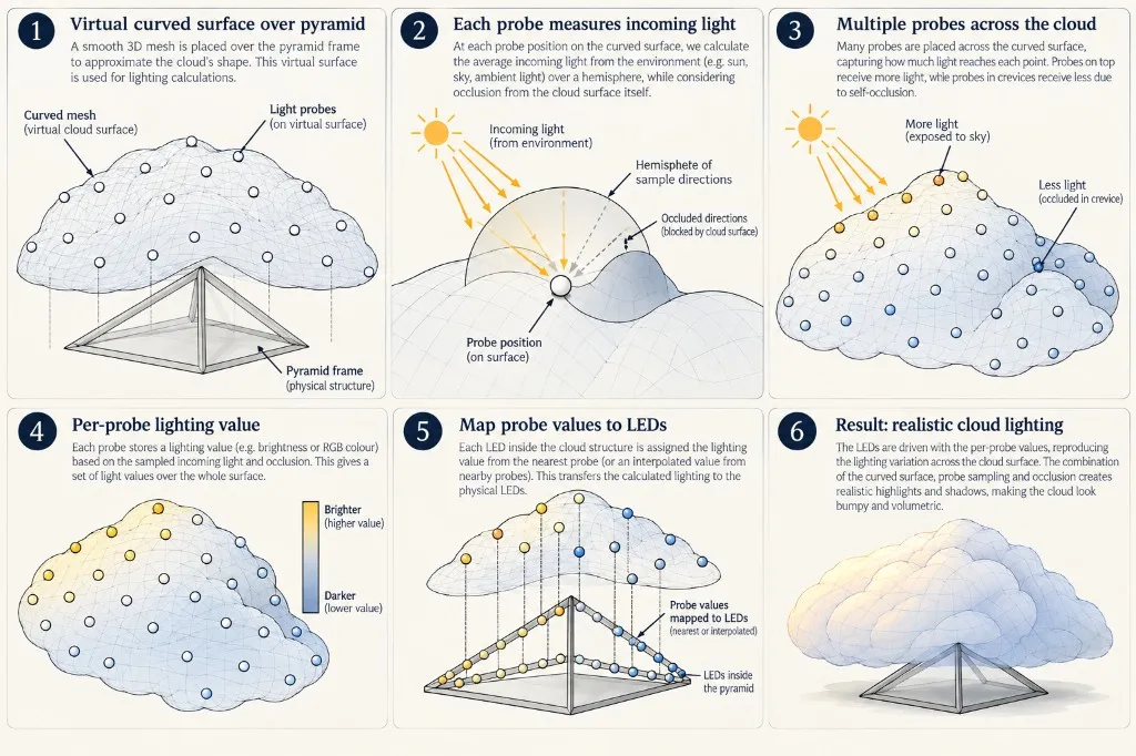 Diagram in six steps showing how a smooth virtual mesh over the pyramid frame samples lighting via surface probes and transfers the calculated values onto the physical LEDs inside the cloud.