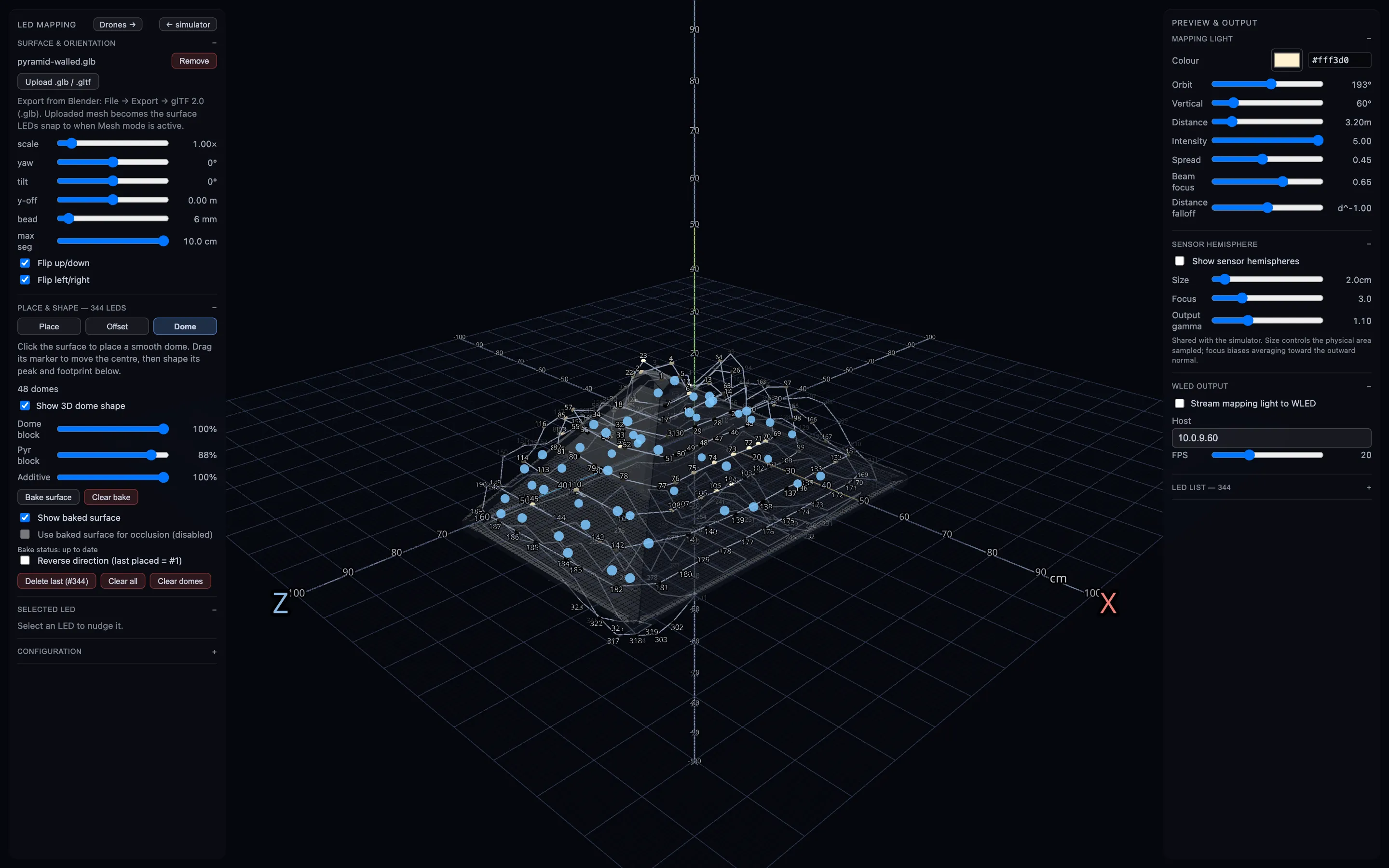 The LED mapping page: a wireframe model of the pyramid-shaped cloud on a grid, with numbered blue dots for each LED and control panels on both sides.