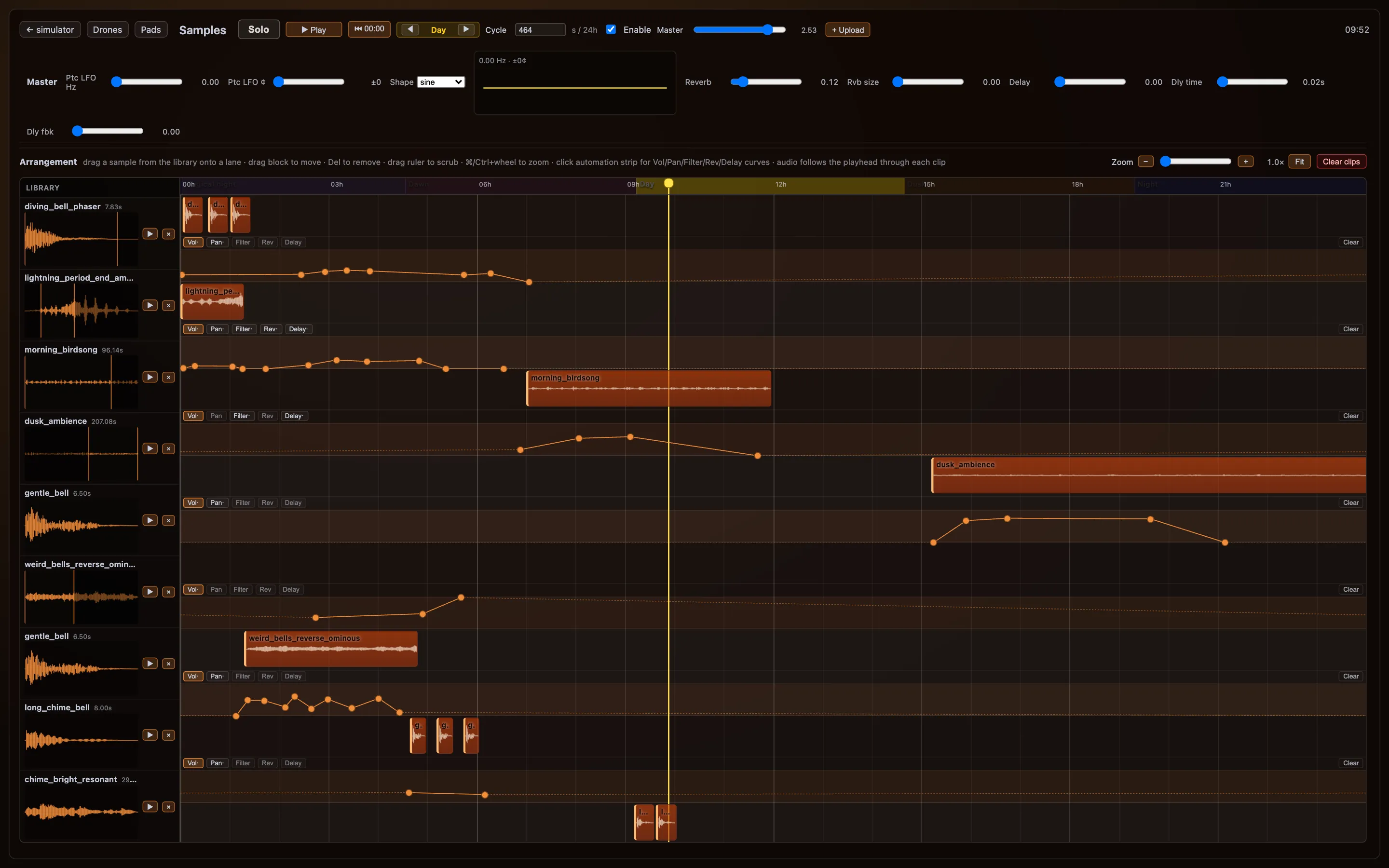The samples page: a library of sound files with waveforms on the left, arranged as orange clips on lanes across a 24-hour timeline, with automation curves for volume and effects.