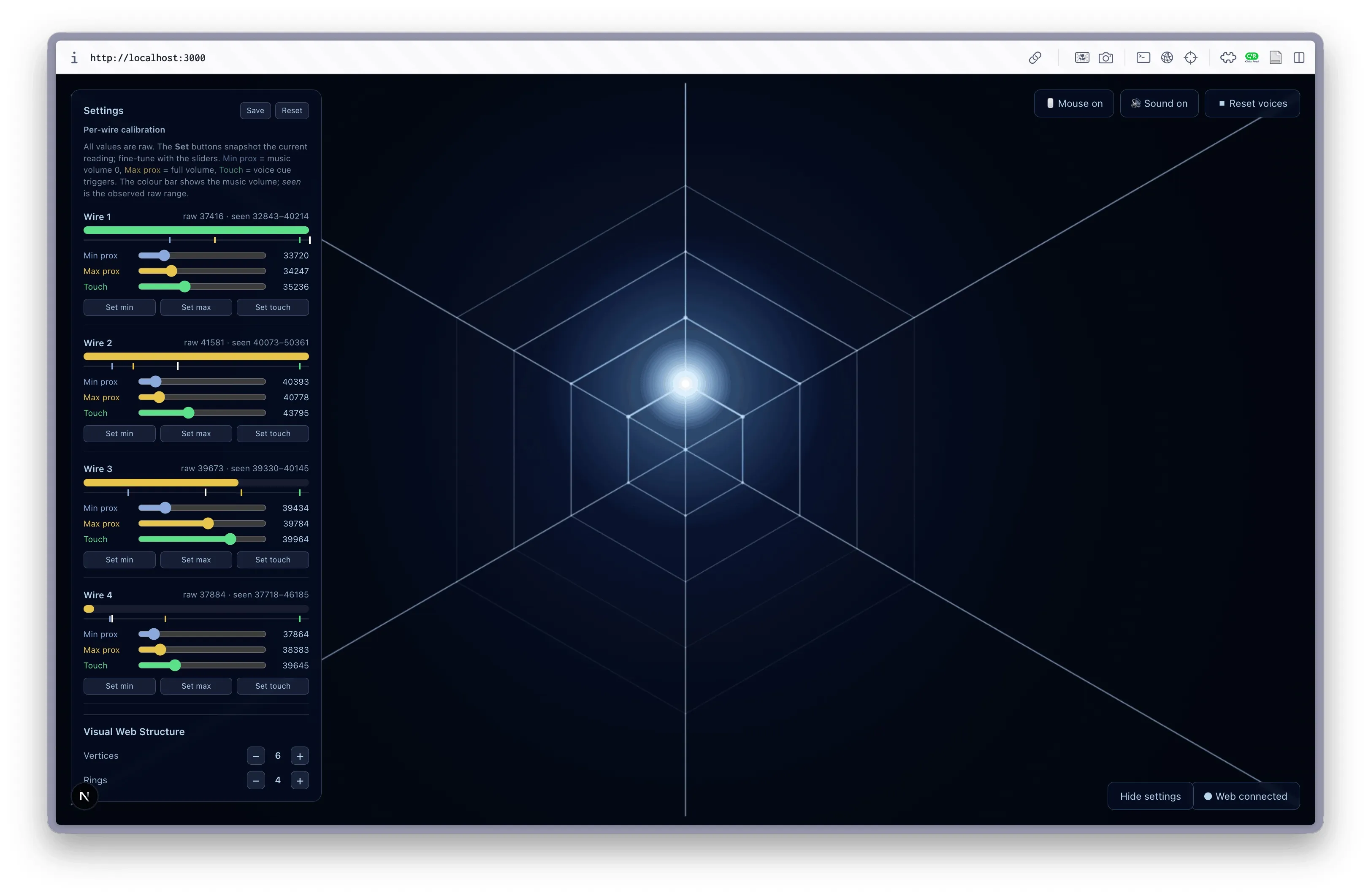 The Sensitive Webs interface: a glowing hexagonal web with per-wire calibration sliders on the left.