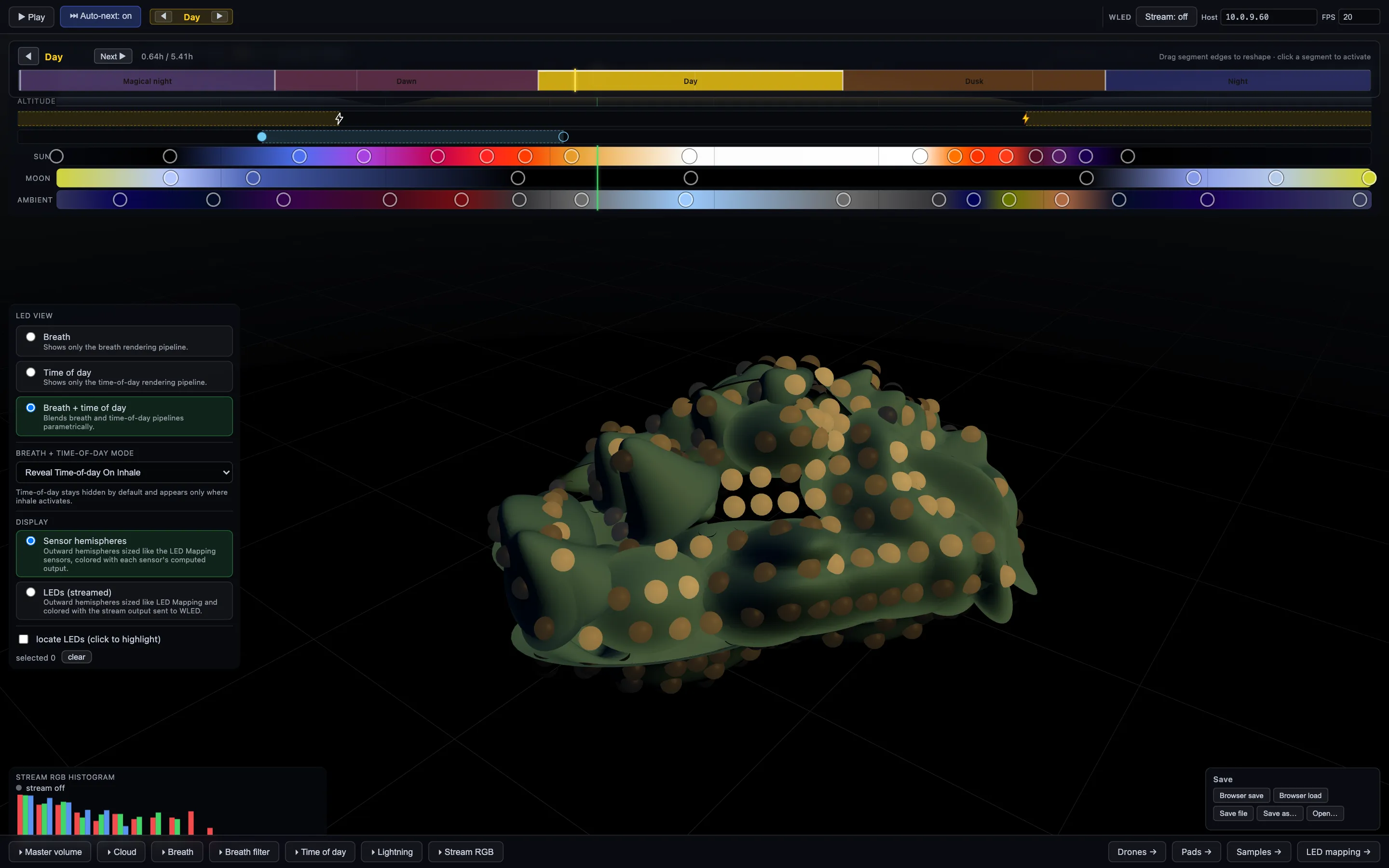 The simulator: a dark 3D view of the cloud model dotted with glowing LED hemispheres, a 24-hour sky timeline with colour stops across the top, and panels for LED view, breath, lightning and sound.