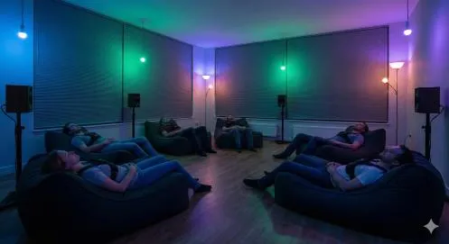 A photographic-looking version of the room in dim blue and green light, with people lying on beanbags.