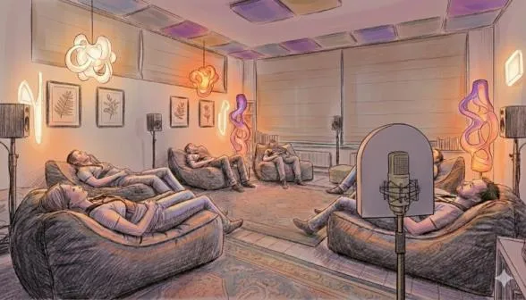 A sketch of a dim room with people lying on large beanbags under soft coloured ceiling panels, abstract glowing lamps and a microphone in the foreground.