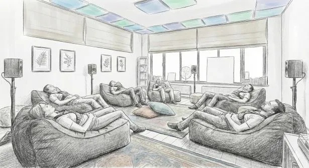 A pencil sketch of the room: beanbags spaced around a rug, speakers on stands and light tiles on the ceiling.