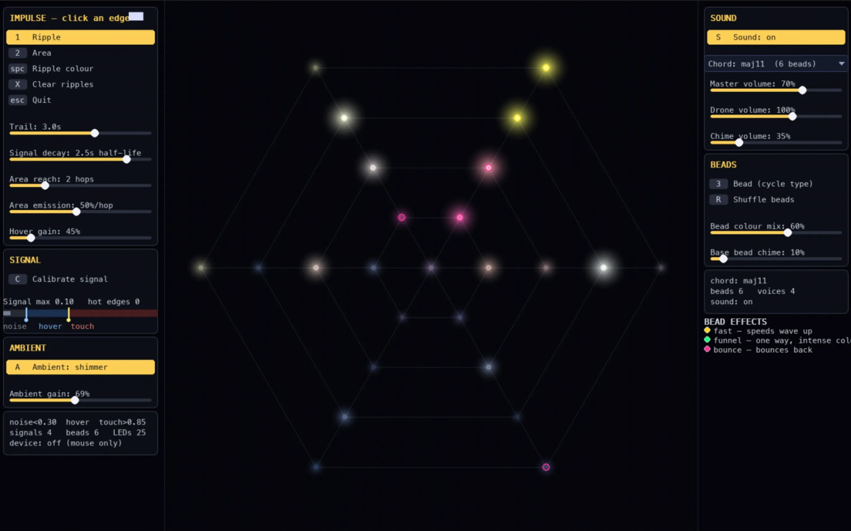 The spider-web instrument interface: a hexagonal web of glowing nodes, with controls for ripples, beads, ambient light and sound.