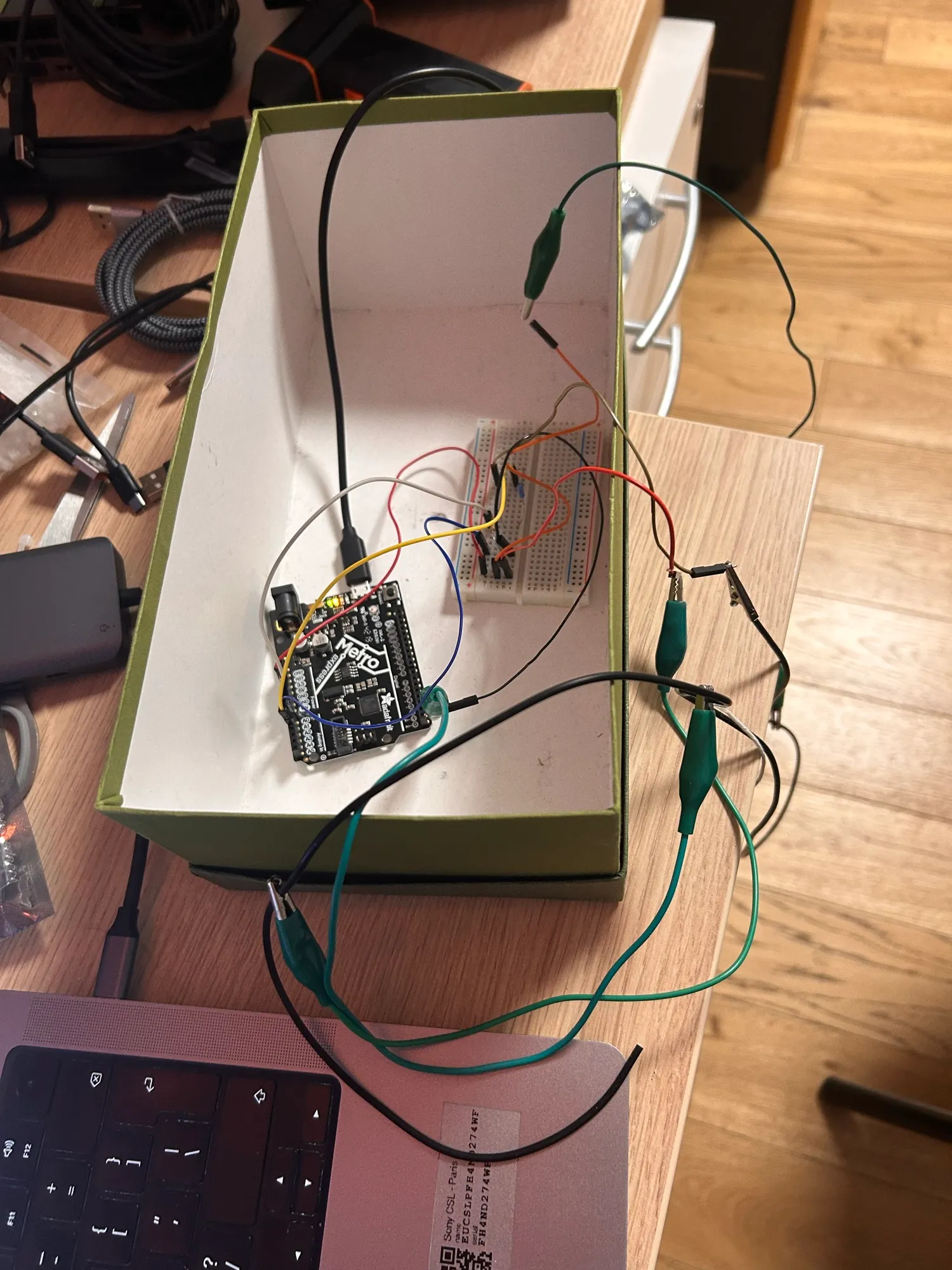 Conductive rubber on a breadboard.