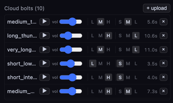 The Cloud bolts panel, where thunder tracks can be uploaded and tagged by volume and length.